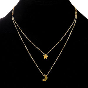 Silver or Gold Cosmic Moon and Star Jewelry – Delicate Two Layer Necklace