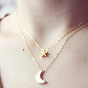 Silver or Gold Cosmic Moon and Star Jewelry – Delicate Two Layer Necklace