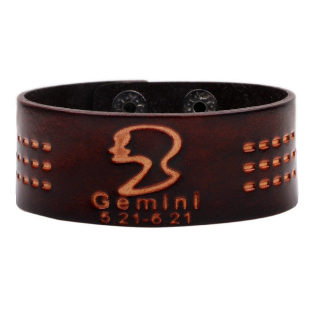 Leather strap bracelet, mens zodiac bracelets, gemini