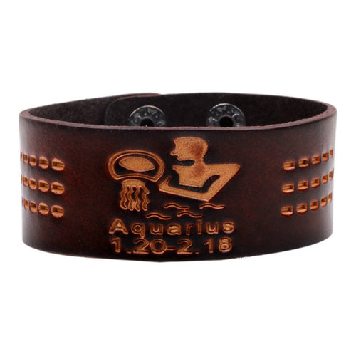 Leather strap bracelet, mens zodiac bracelets, aquarius