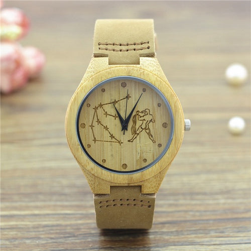 Natural Bamboo Wooden Wrist Watch - Aquarius Engraved