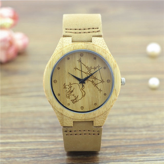 Natural Bamboo Wooden Wrist Watch - Taurus Engraved